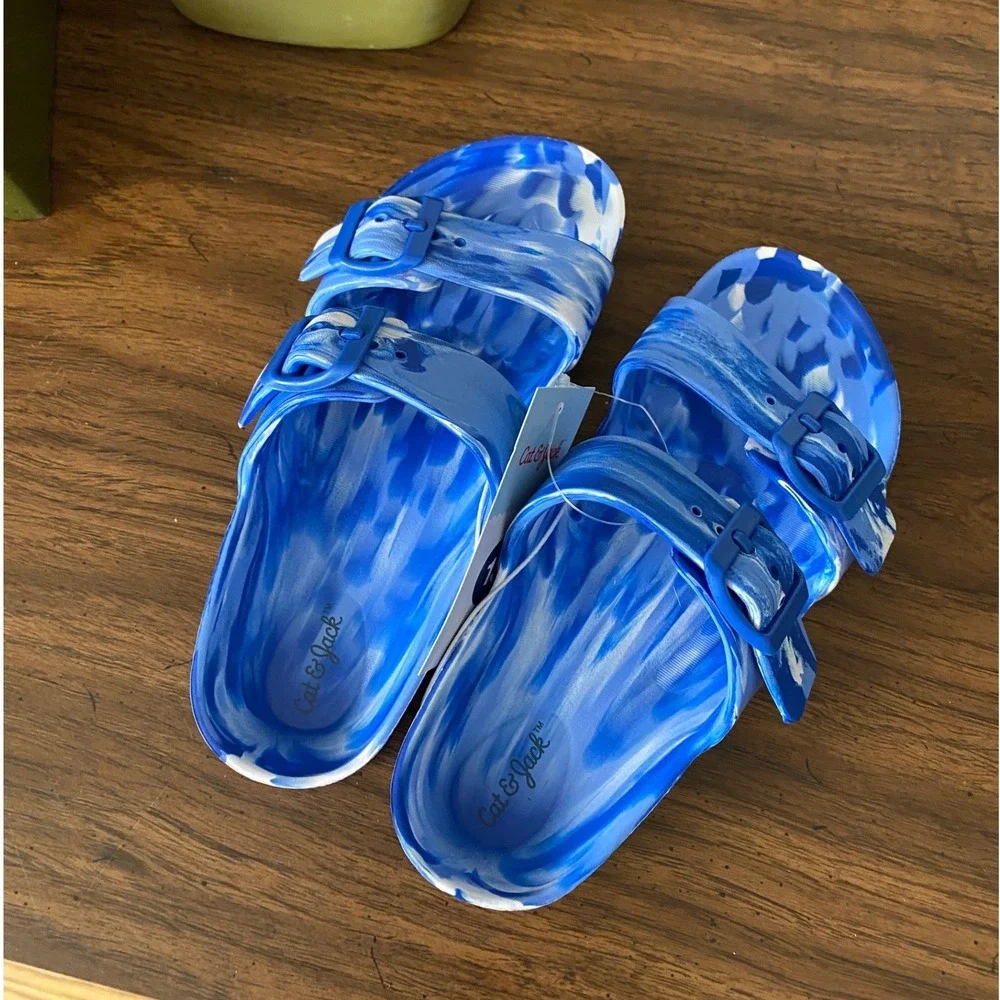 Cat & Jack Boys Blue Marble EVA Two-Strap Slide Sandals Size 13 NWT Water Shoes